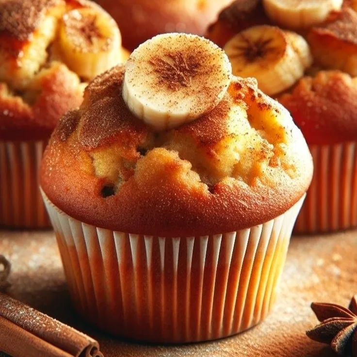 Cupcakes caseros decorados con rodajas de plátano y espolvoreados con canela.