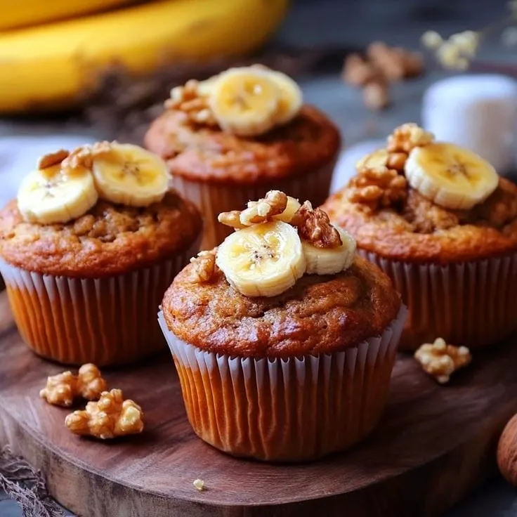 Deliciosos cupcakes de plátano y nueces recién horneados.