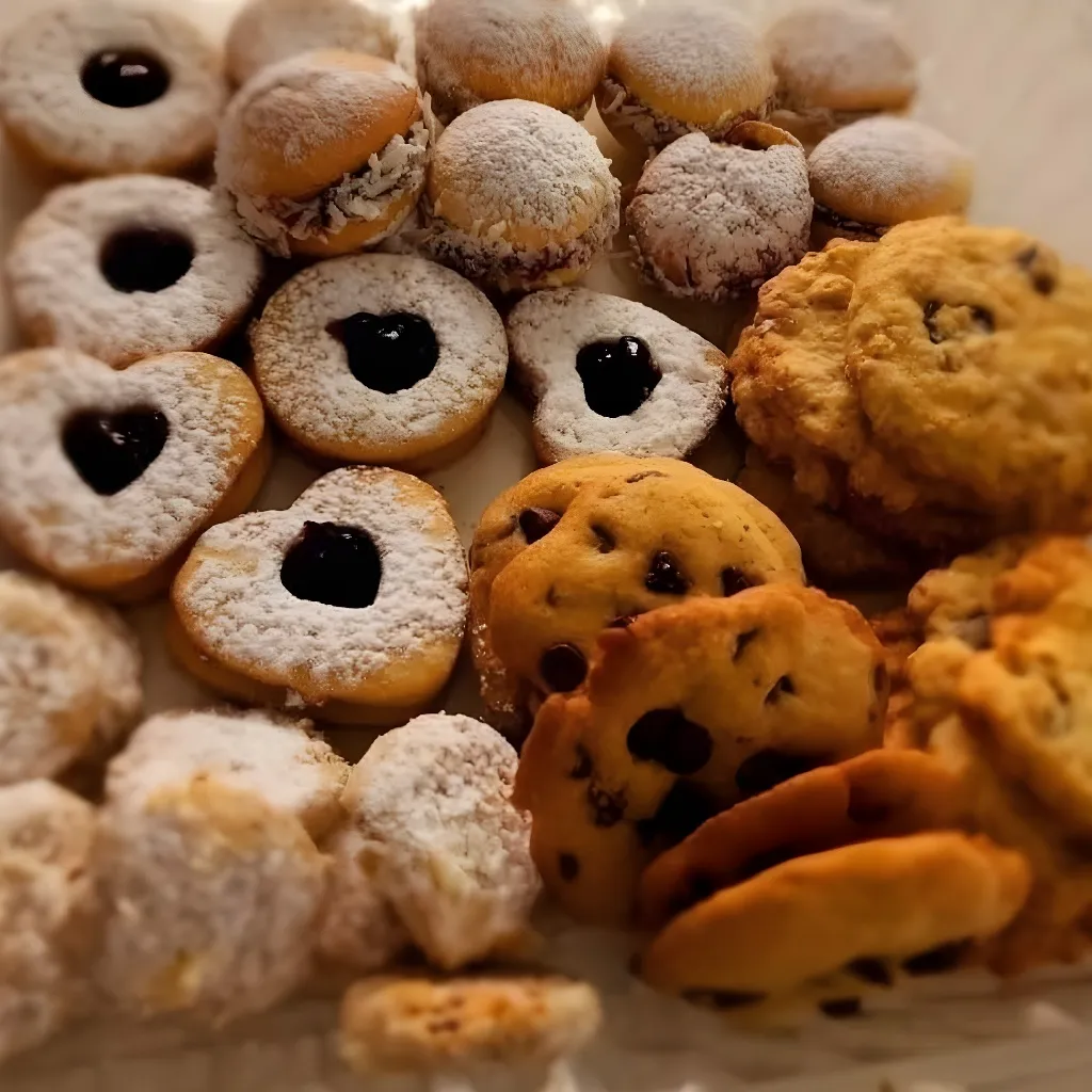 Una colección variada de galletas caseras y alfajores, algunas con centros de mermelada y otras con chispas de chocolate.
