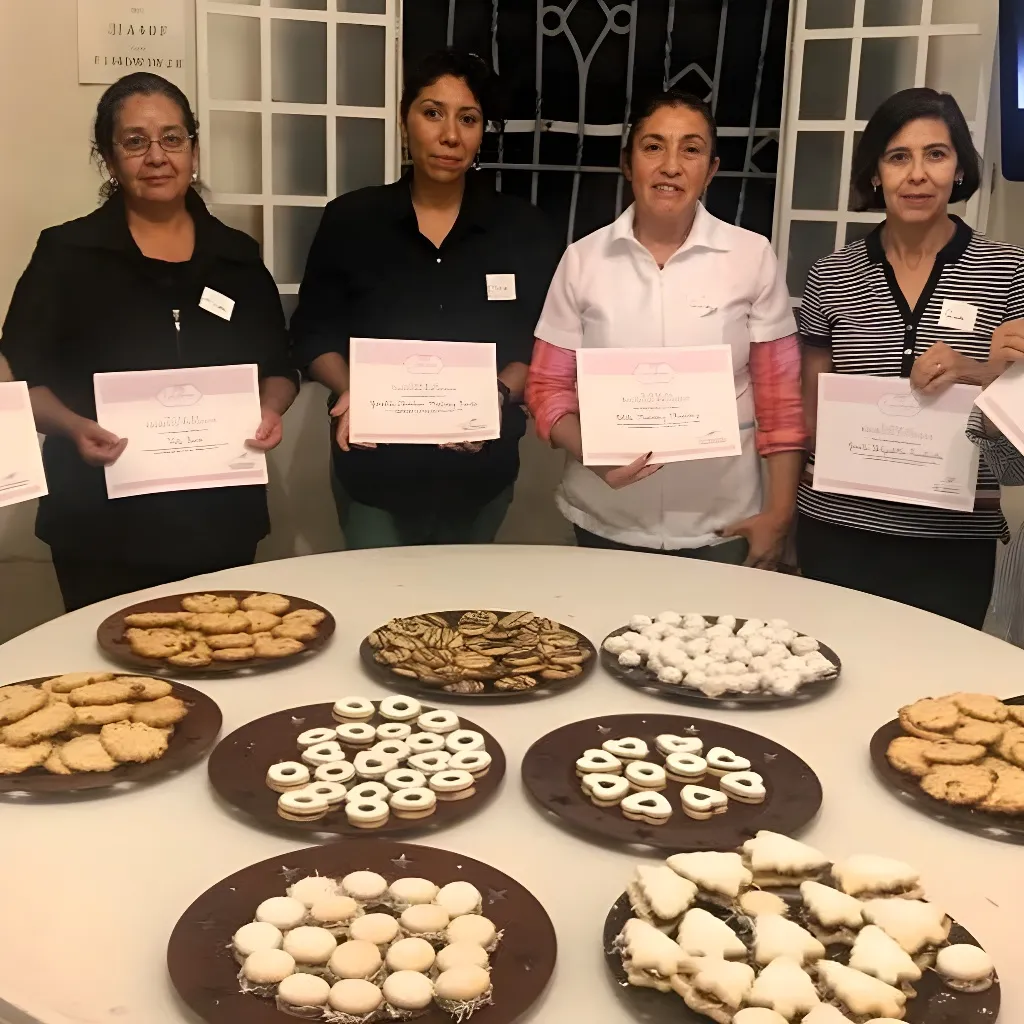 Imagen de una clase de repostería donde alumnas exhiben sus diplomas y bandejas de galletas gourmet.
